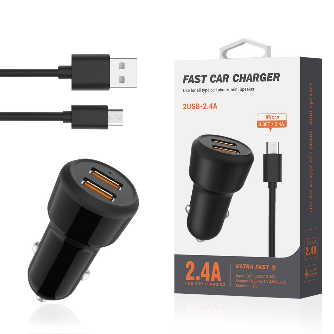 Reiko Micro Portable Car Charger With Built In 3 Ft Cable In Black SKU:CC2IN1-MICROBK